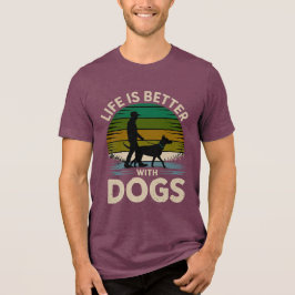 レトロな夕焼けの犬Tシャツ、人生は犬と一緒が良い  トライブレンドＴシャツ