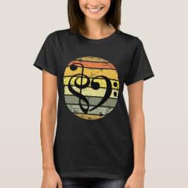 レトロな夕焼けカラーバンドの上の大胆な音楽のハート Tシャツ