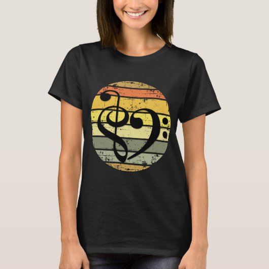 レトロな夕焼けカラーバンドの上の大胆な音楽のハート Tシャツ (正面)