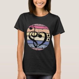 レトロな夕焼けカラーバンドの上の大胆な音楽のハート Tシャツ