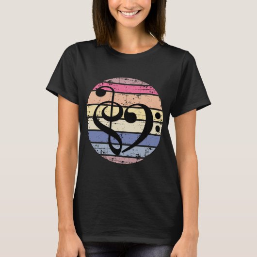 レトロな夕焼けカラーバンドの上の大胆な音楽のハート Tシャツ (正面)