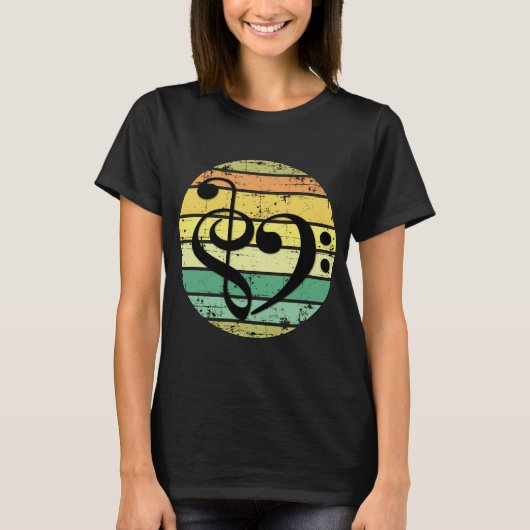 レトロな夕焼けカラーバンドの上の大胆な音楽のハート Tシャツ (正面)