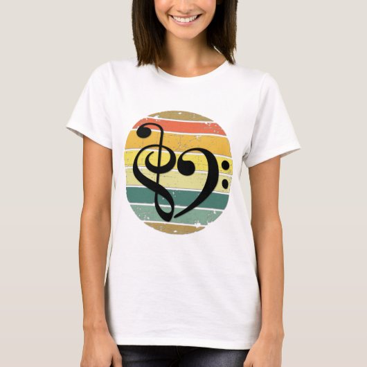 レトロな夕焼けカラーバンドの上の大胆な音楽のハート Tシャツ (正面)