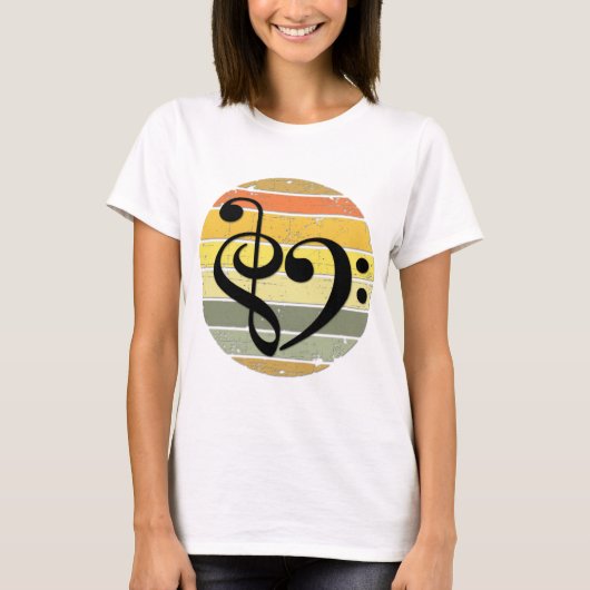 レトロな夕焼けカラーバンドの上の大胆な音楽のハート Tシャツ (正面)