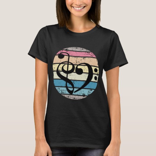 レトロな夕焼けカラーバンドの上の大胆な音楽のハート Tシャツ (正面)
