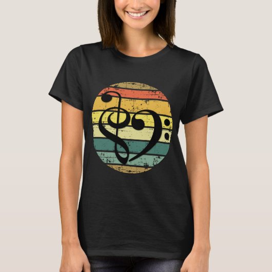 レトロな夕焼けカラーバンドの上の大胆な音楽のハート Tシャツ (正面)