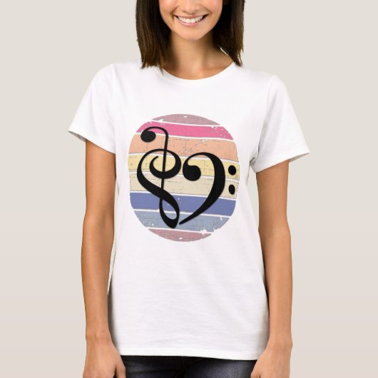 レトロな夕焼けカラーバンドの上の大胆な音楽のハート Tシャツ (正面)