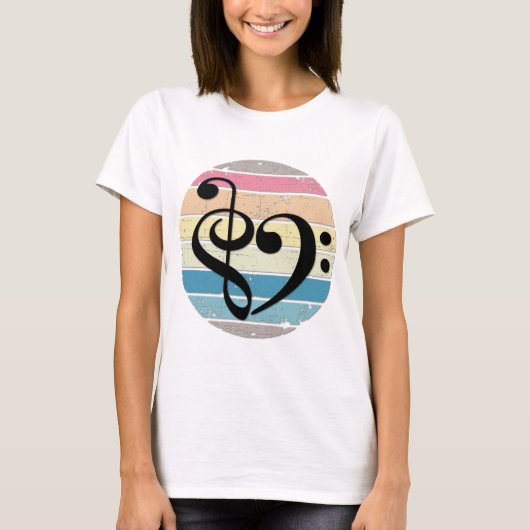 レトロな夕焼けカラーバンドの上の大胆な音楽のハート Tシャツ (正面)