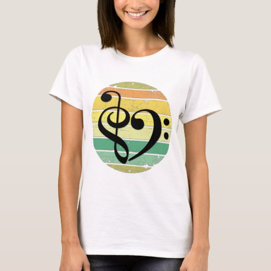 レトロな夕焼けカラーバンド上の大胆な音楽のハート Tシャツ (正面)