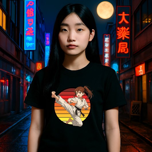 レトロな夕焼けテンプレートのAnime空手少女 Tシャツ