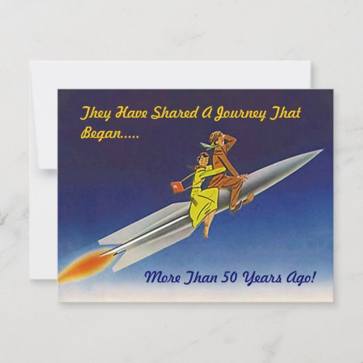 レトロな夜のロケット船に乗るカップルへの招待 招待状 (正面)