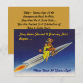 レトロな夜のロケット船に乗るカップルへの招待 招待状 (正面/裏面)