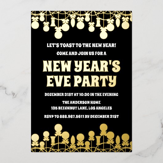 レトロな大胆な新年のパーティーの写真 箔招待状 (正面)
