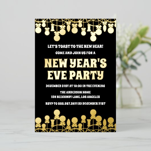 レトロな大胆な新年のパーティーの写真 箔招待状 (立ち正面)