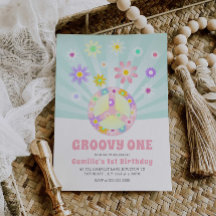 レトロな女の子の誕生日招待状 グルーヴィーワン