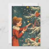 レトロな女の子 赤いドレス クリスマスツリーを飾る シーズンカード (正面)