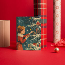レトロな女の子 赤いドレス クリスマスツリーを飾る シーズンカード