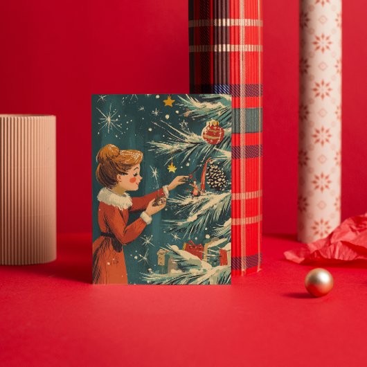 レトロな女の子 赤いドレス クリスマスツリーを飾る シーズンカード