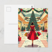 レトロな女性がミッドセンチュリーのクリスマスショッピング ポストカード (正面/裏面)