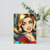 レトロな女性とショッピングバッグ ミッドセンチュリー ポストカード (スタンド正面)