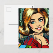 レトロな女性とショッピングバッグ ミッドセンチュリー ポストカード (正面/裏面)