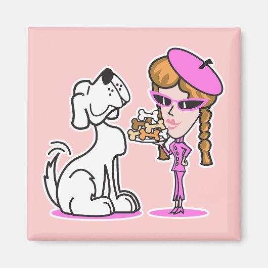 レトロな女性と愛犬 マグネット (正面)