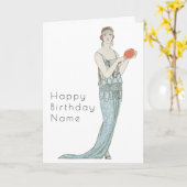 レトロな女性と扇子のアルデコ誕生日カード カード (黄色い花)
