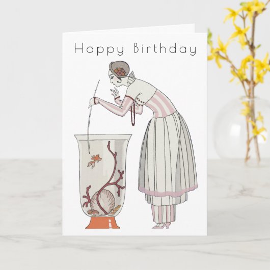 レトロな女性と水槽のアートデコバースデーカード カード (黄色い花)