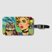 レトロな女性と猫のカスタムデザイン ラゲッジタグ (正面横)