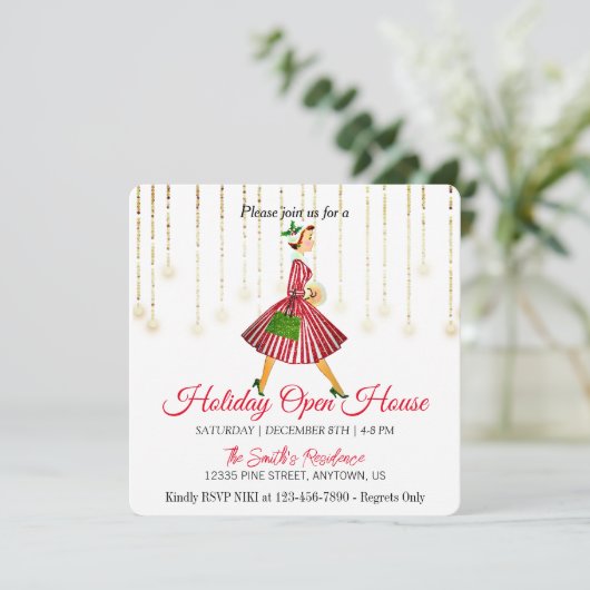 レトロな女性のクリスマスツリー ホリデーカード (スタンド正面)