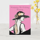 レトロな女性のブラックハット アートデコ ピンクの誕生日 カード (黄色い花)