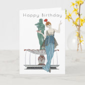 レトロな女性の噴水アートデコバースデーカード カード (黄色い花)