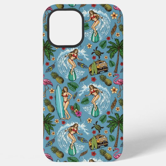 レトロな女性サーファーパターン iPhoneケース (裏面)