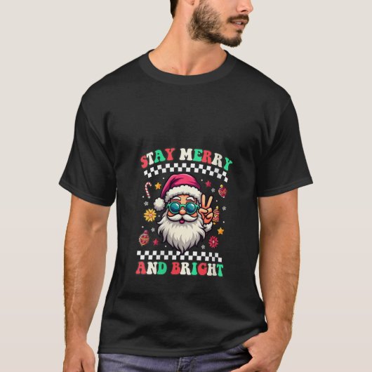 レトロな女性用 ステイ メリー アンド ブライト グルーヴィー クリスマス Tシャツ (正面)