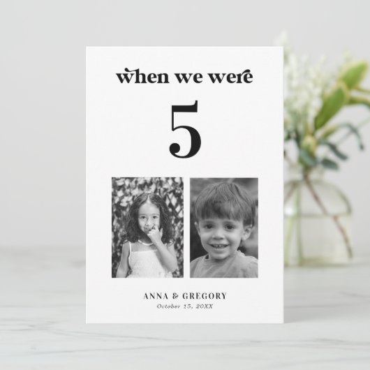 レトロな子供時代の写真 5x7 ウェディングテーブルナンバーカード 招待状 (スタンド正面)