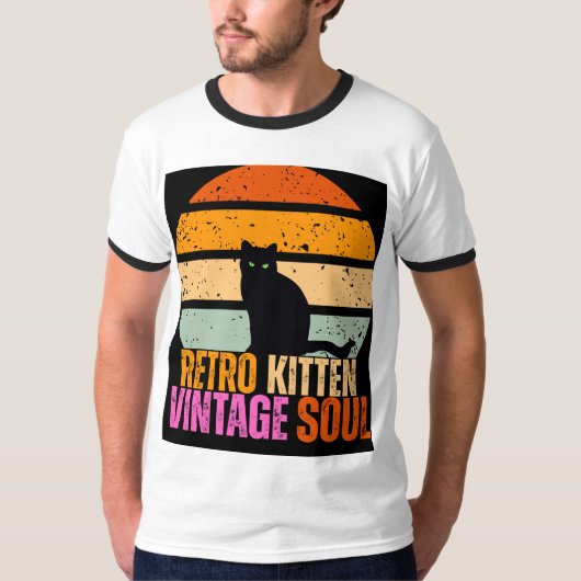 レトロな子猫 ビンテージソウル 黒猫の夕焼け グラフィック Tシャツ (正面)