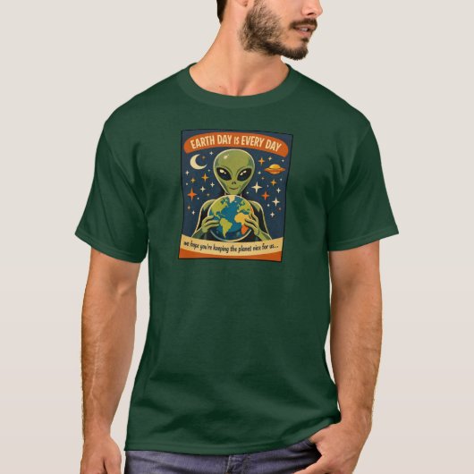 レトロな宇宙エイリアンイラスト アースデー Tシャツ (正面)
