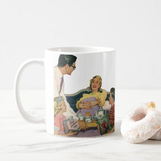 レトロな家族がベッドで母に朝食を届ける コーヒーマグカップ (ドーナツ)