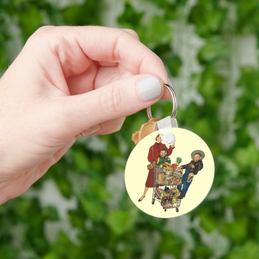 レトロな家族、母と子どもの食料品買い物カート キーホルダー (手)