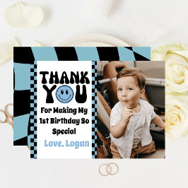 レトロな少年お誕生日おめでとう 1歳のバースデーパーティー 写真 サンキューカード