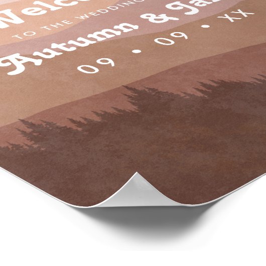 レトロな山と森のピンクの結婚式ウェルカム ポスター (角)