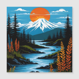 レトロな山の風景イラスト 赤と青