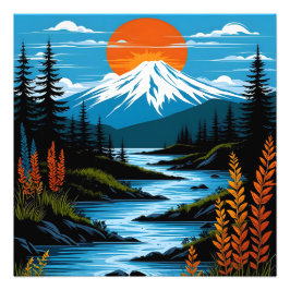 レトロな山の風景イラスト 赤と青 フォトプリント