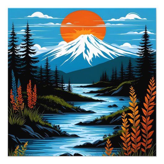 レトロな山の風景イラスト 赤と青 フォトプリント            (正面)