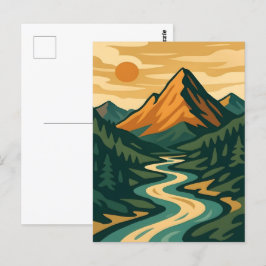 レトロな山の風景イラスト 赤と青 ポストカード