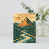 レトロな山の風景イラスト 赤と青 ポストカード (スタンド正面)
