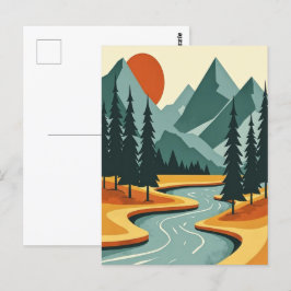 レトロな山の風景イラスト 赤と青 ポストカード