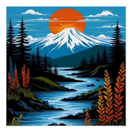 レトロな山の風景イラスト 赤 青 ポスター (正面)