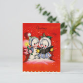 レトロな年代物のクリスマス·スノーの子供たちが歌い歌う シーズンポストカード (スタンド正面)