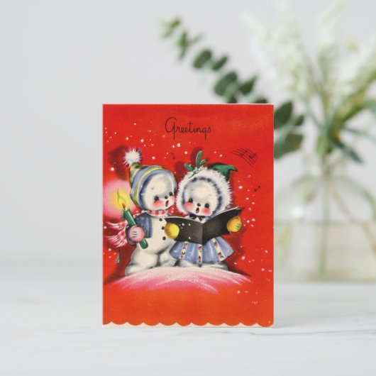 レトロな年代物のクリスマス·スノーの子供たちが歌い歌う シーズンポストカード (スタンド正面)